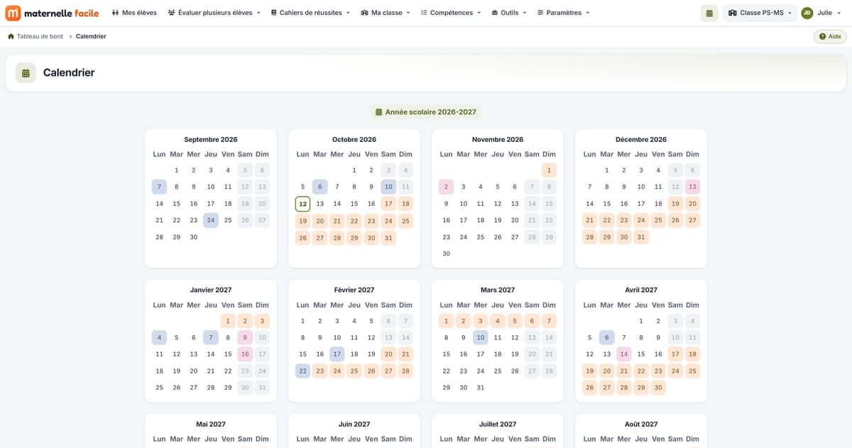 Tableau de bord et calendrier de la classe