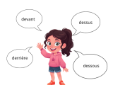 Je peux utiliser des mots comme devant, derrière, dessus, dessous, dedans, dehors.